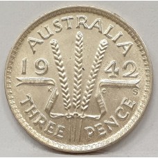 AUSTRALIA 1942S THREEPENCE . CHOICE UNCIRCULATED